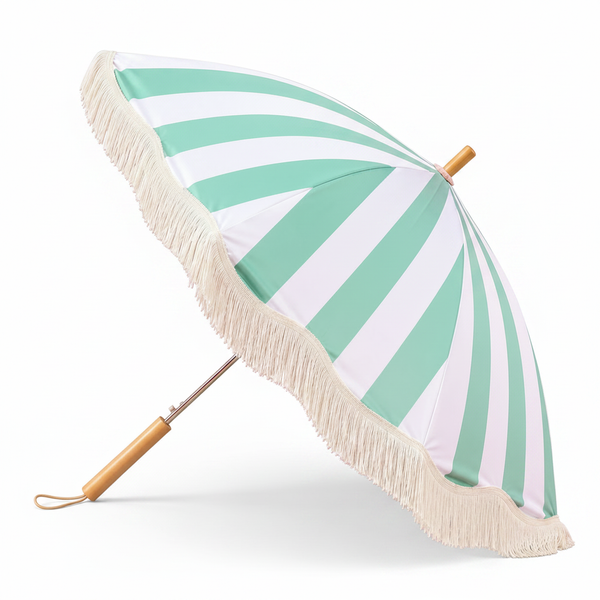 Mint green and white striped parasol with cream fringe, angled view on white background