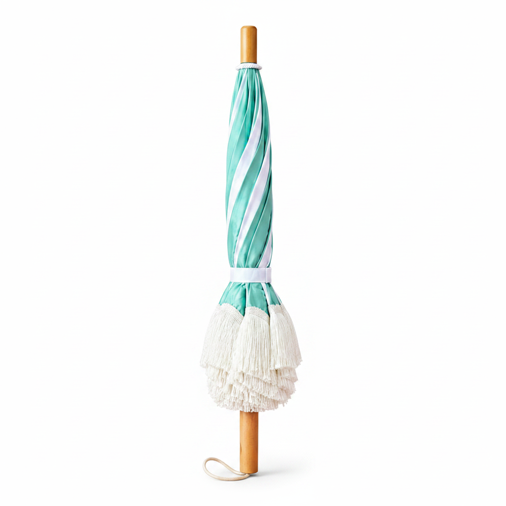Mint green and white striped parasol closed, on white background