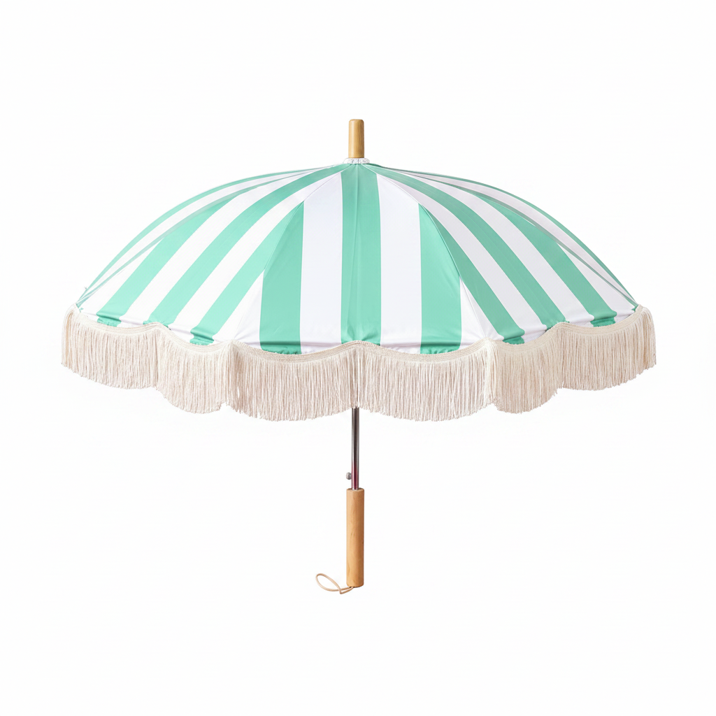 Mint green and white striped parasol with cream fringe, front view on white background