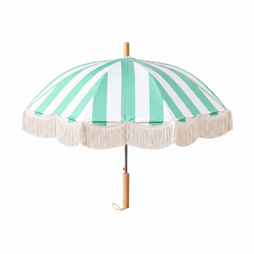 Mint green and white striped parasol with cream fringe, front view on white background